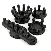 Set of black plastic components on a white background