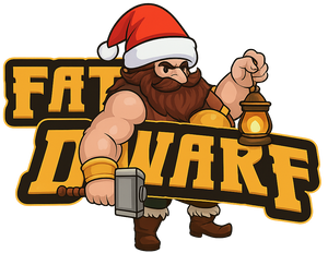 Cartoon character of a muscular dwarf wearing a Santa hat with the text 'Fat Dwarf' on a white background.
