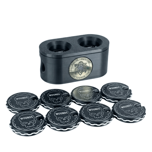 Black gaming wound markers with skull design and a container on a white background